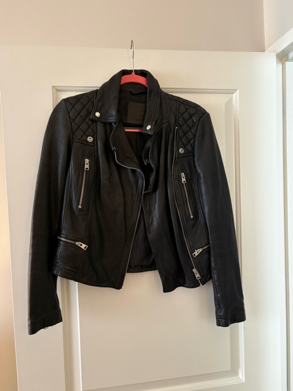 All Saints Black Quilted Shoulder Leather Moto Jacket